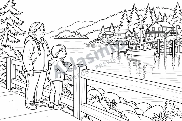 Colouring illustration: By the Water in Alert Bay