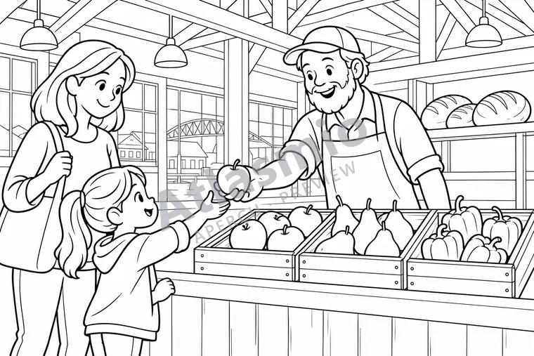 Colouring illustration: At Granville Island Market