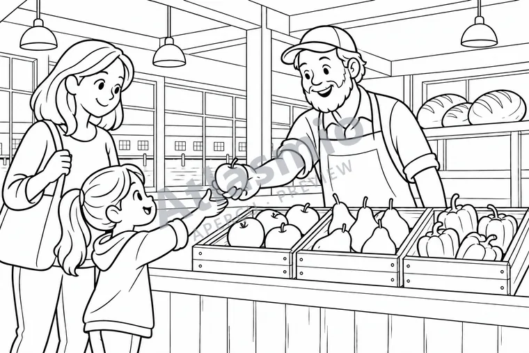 Colouring illustration: At Granville Island Market