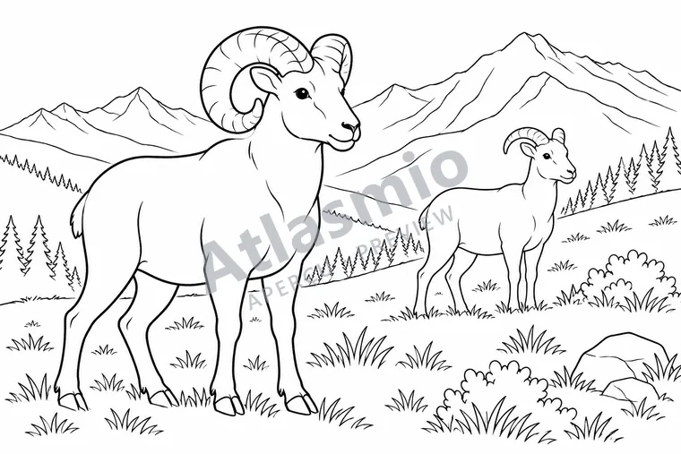 Illustration à colorier : Les mouflons des Rocheuses