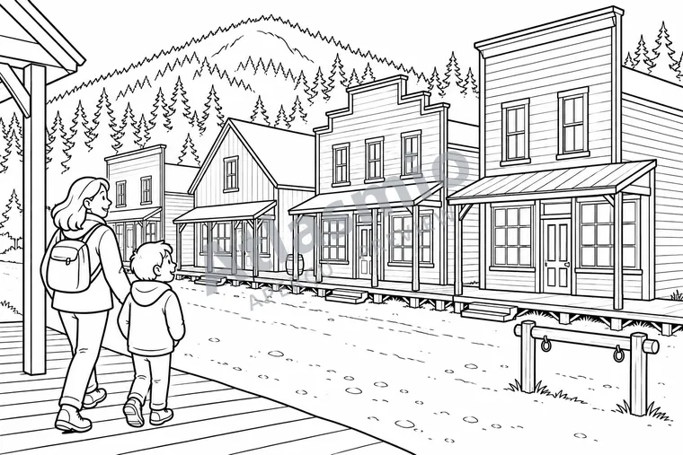 Illustration à colorier : Une rue de Barkerville