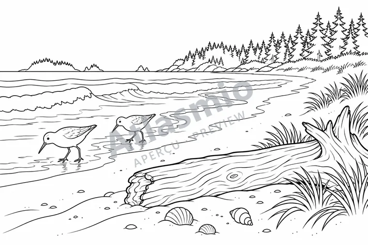 Illustration à colorier : Une plage de Haida Gwaii