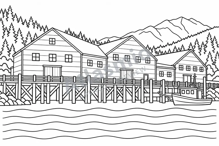 Colouring illustration: Buildings on Pilings