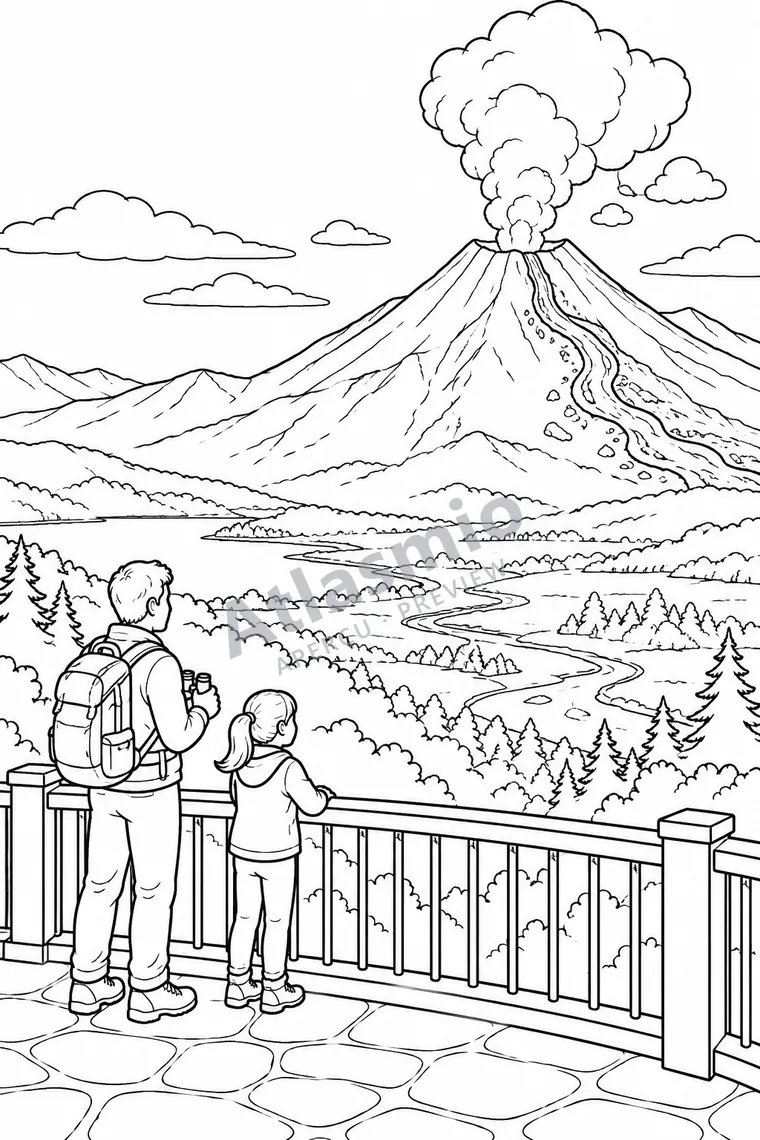 Illustration à colorier : Un volcan et sa lave