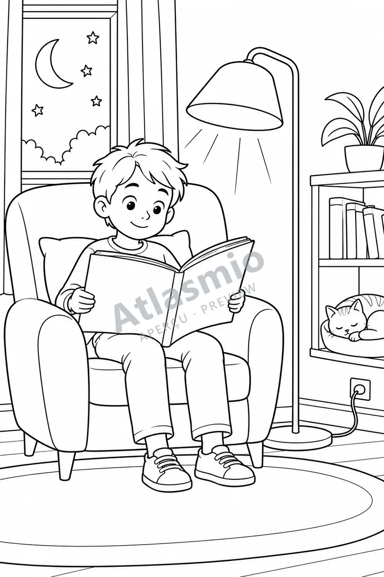 Colouring illustration: Reading After Dark