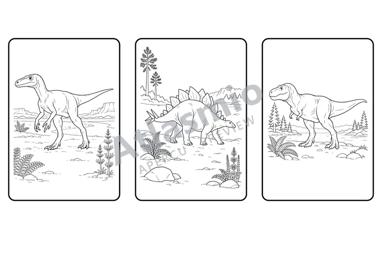 Colouring illustration: Three Periods for a Journey Through Time — Triassic; Jurassic; Cretaceous; Three periods, three windows; From earliest to latest