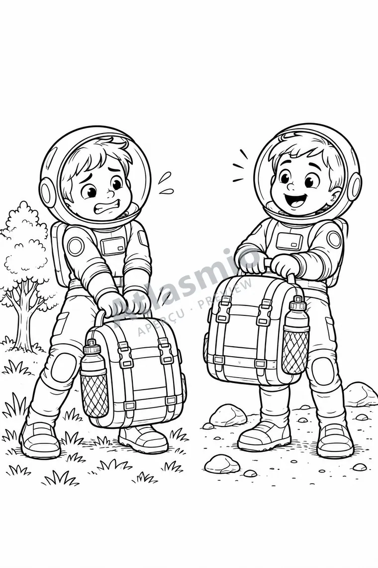 Colouring illustration: Same Backpack, Different Planet! — Earth; Mars