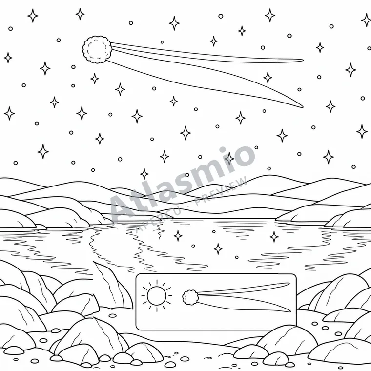 Colouring illustration: A Comet in the Night — Sun; Comet; Diagram not to scale