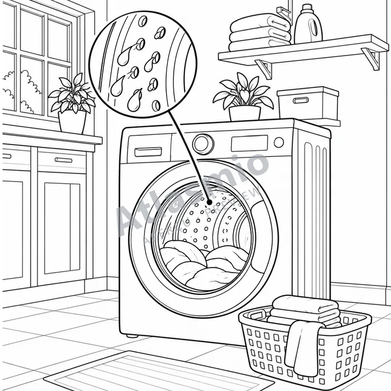Colouring illustration: The Washing Machine Gives Clothes a Spin