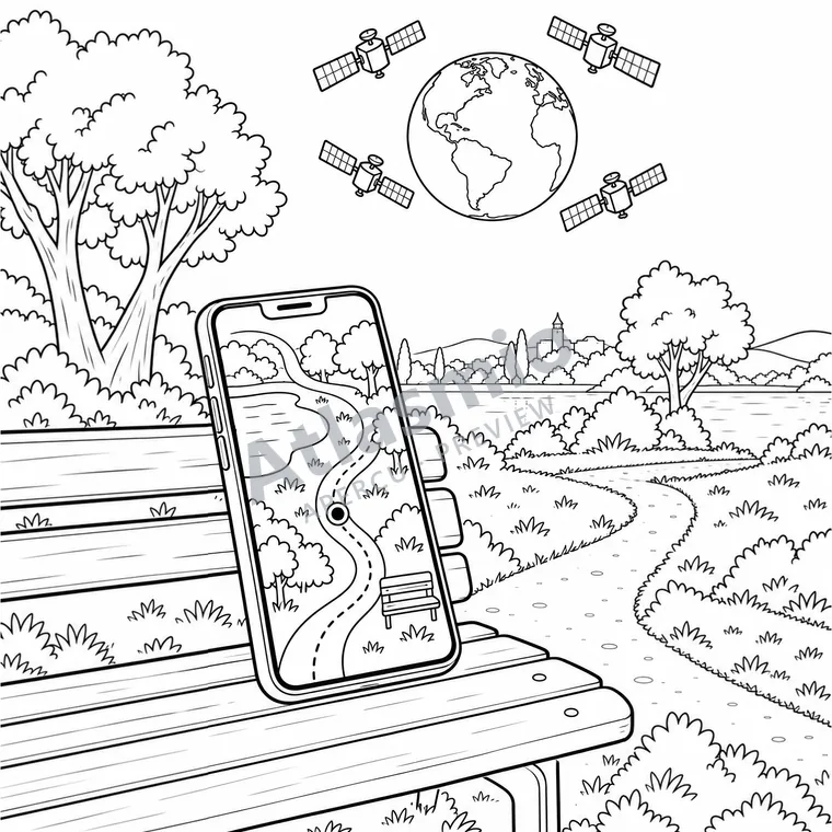 Colouring illustration: How Does the Map Know Where We Are? — Diagram not to scale
