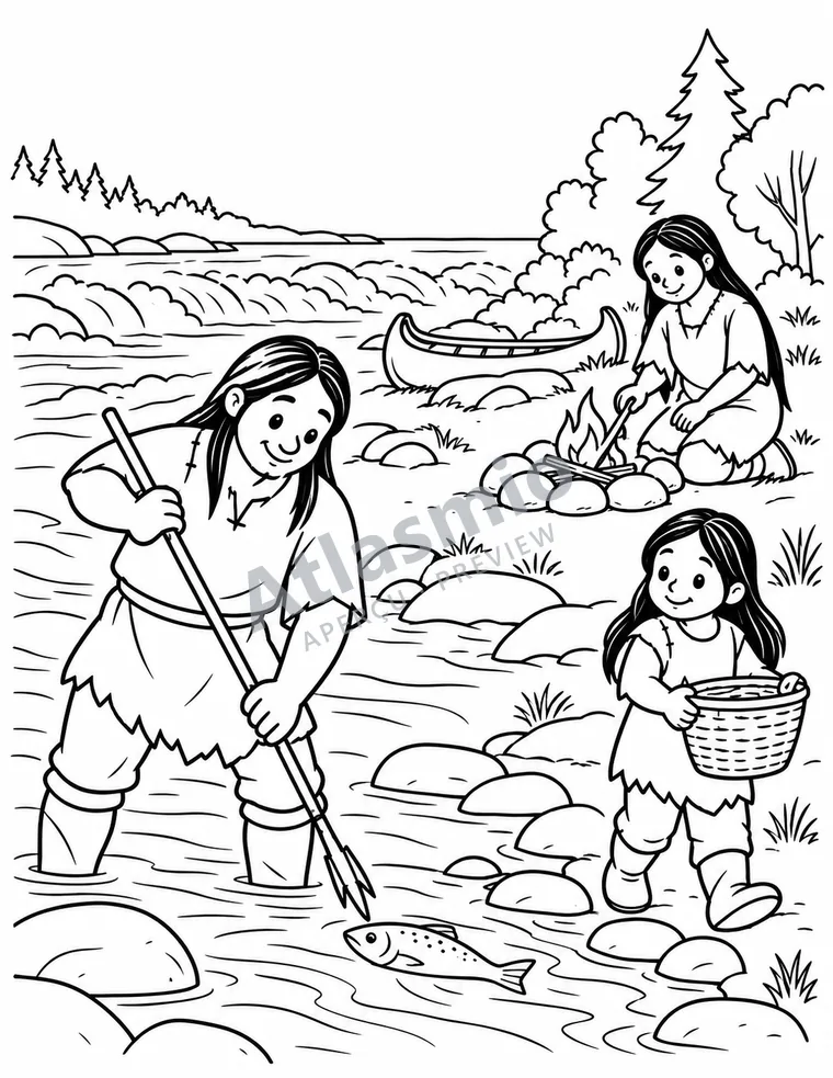 Colouring illustration: 5,000 years of traces by the river