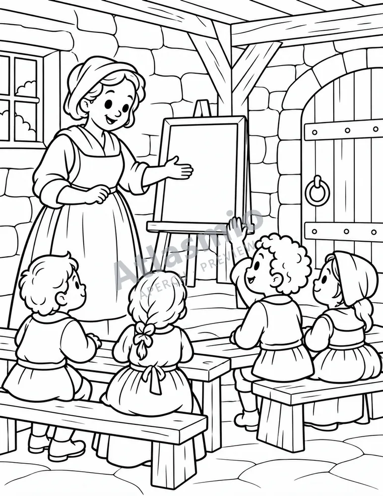 Colouring illustration: The first school, in a stable
