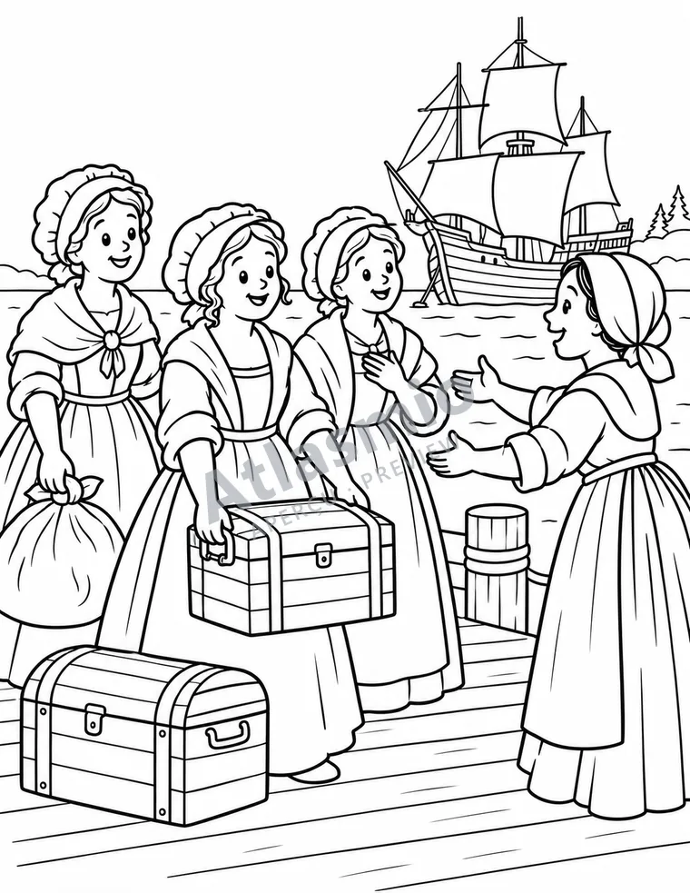 Colouring illustration: The Filles du Roy arrive