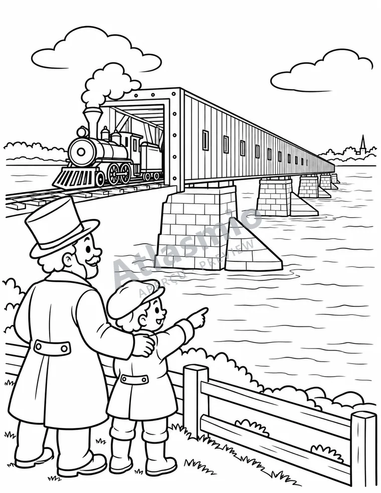 Colouring illustration: A bridge over the river