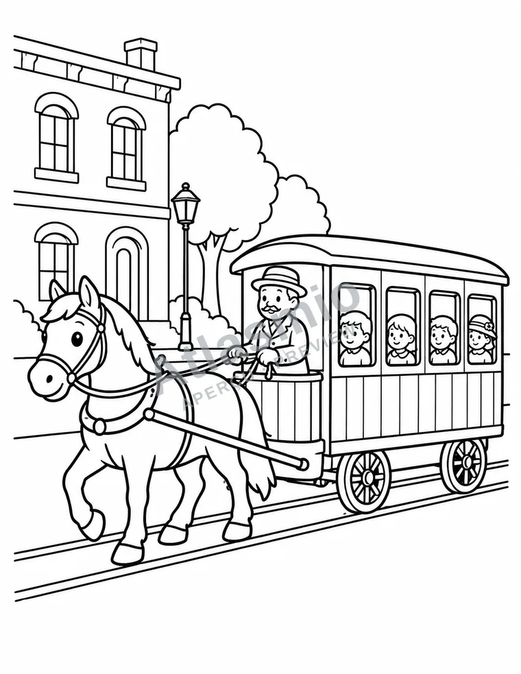 Illustration à colorier : Le tramway à cheval
