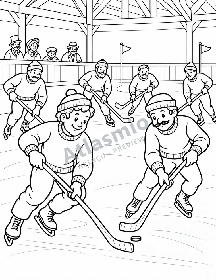 Colouring illustration: Hockey at the indoor rink