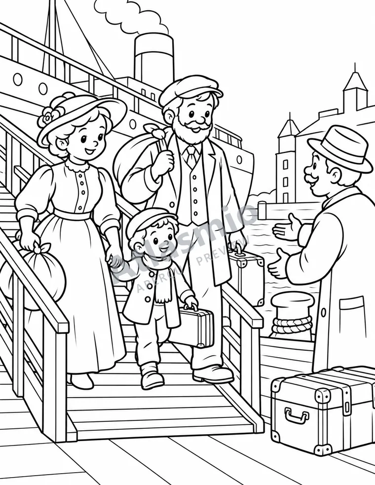 Colouring illustration: Families arrive by ship