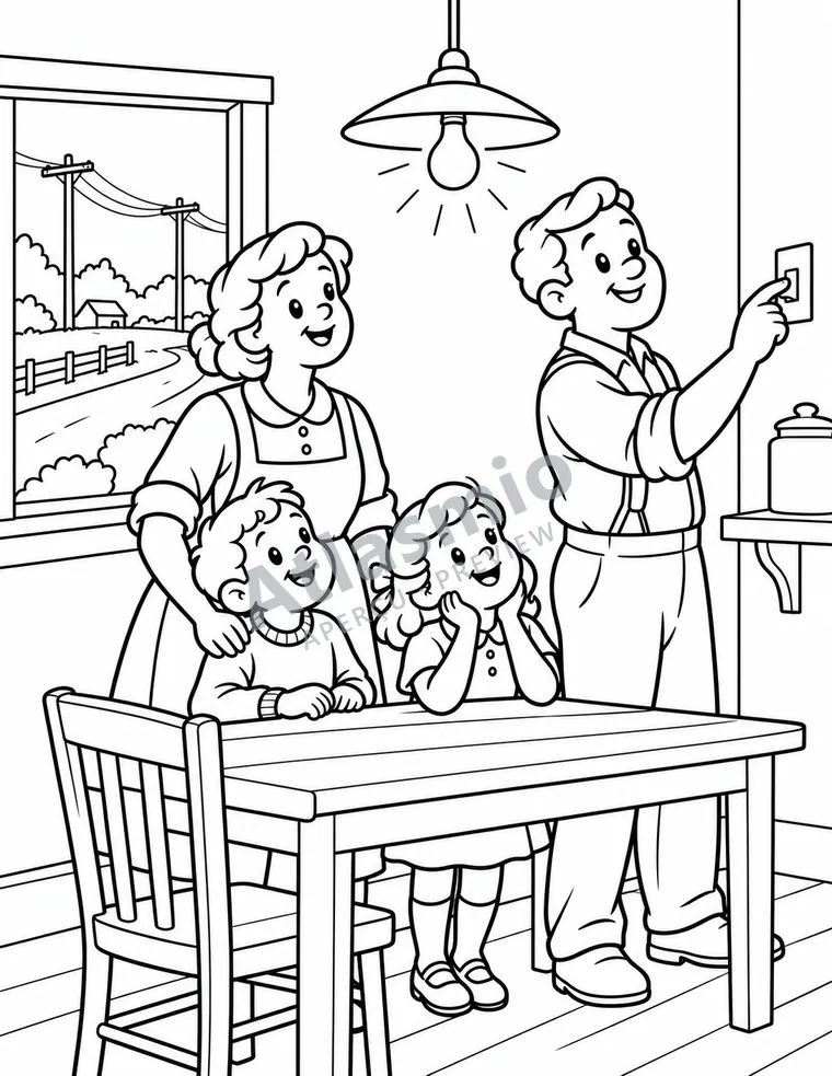 Illustration à colorier : La lumière arrive au village