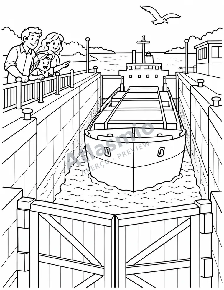 Colouring illustration: Big ships pass through the lock