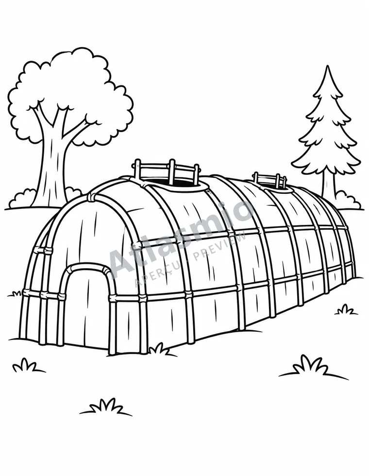 Colouring illustration: A Wendat longhouse
