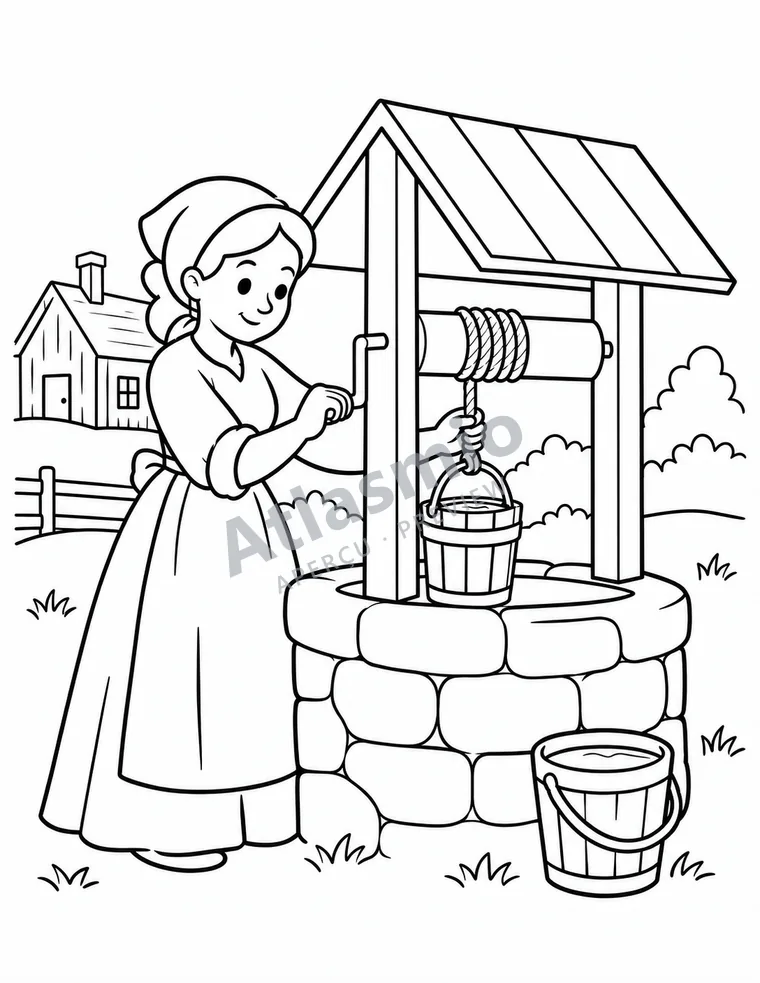 Colouring illustration: Water from the well