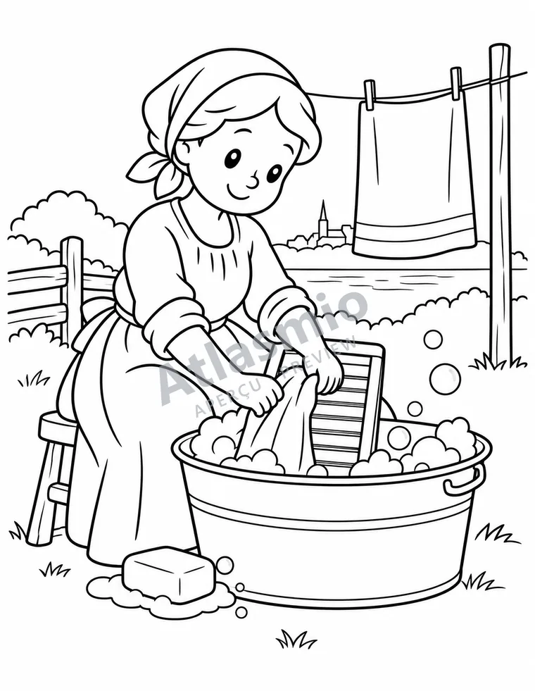 Colouring illustration: Laundry day