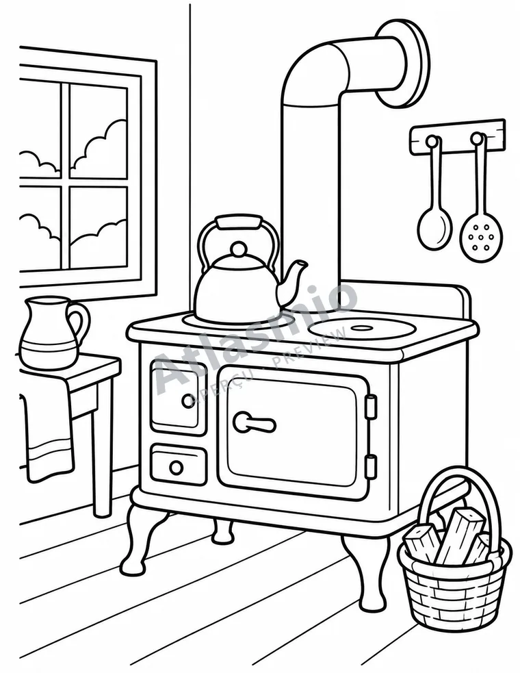 Colouring illustration: The wood-burning cookstove