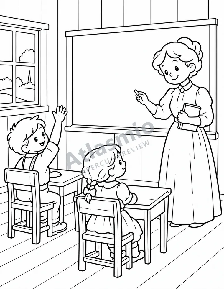 Colouring illustration: The one-room schoolhouse