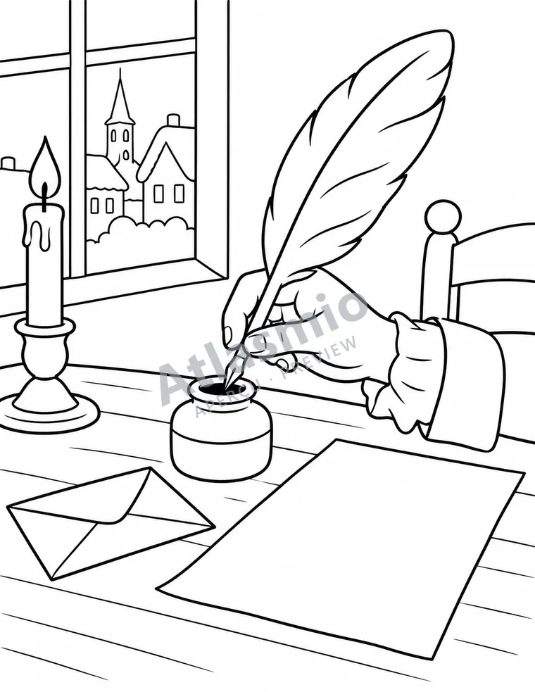 Colouring illustration: A quill and some ink