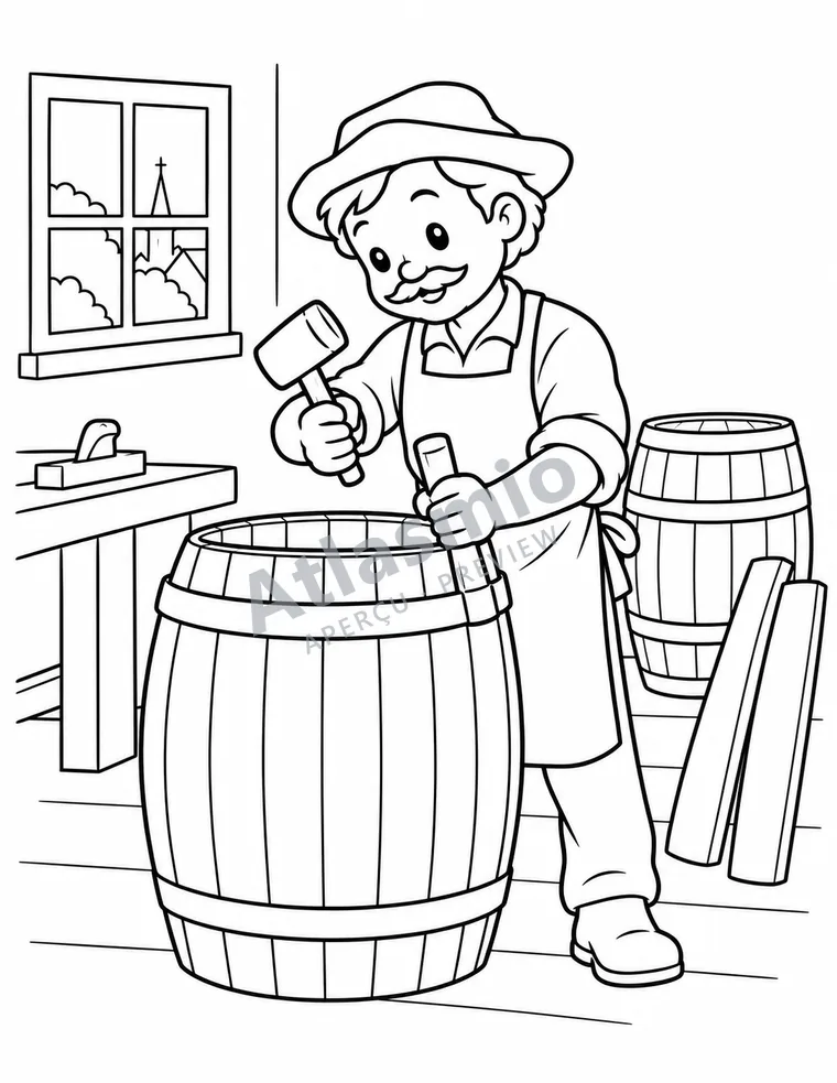 Colouring illustration: The barrel maker at work