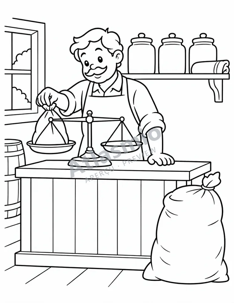 Colouring illustration: At the general store