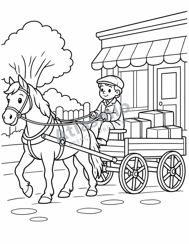 Colouring illustration: Delivery by horse and cart