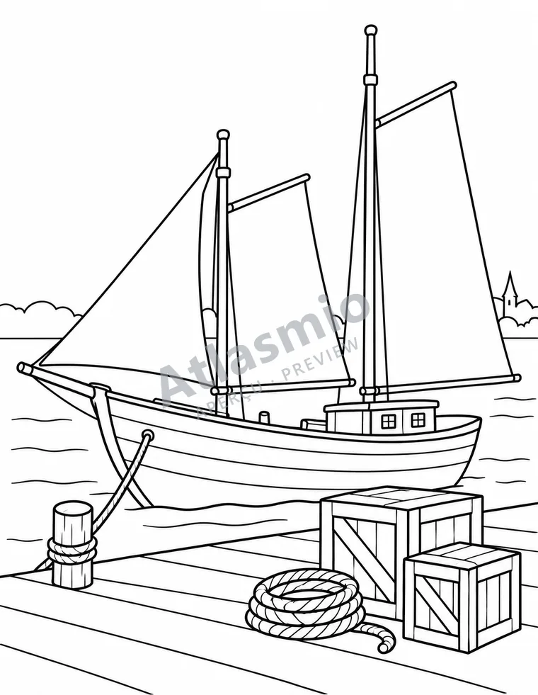 Colouring illustration: A schooner on the river