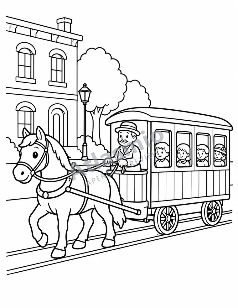 Colouring illustration: The horse-drawn streetcar