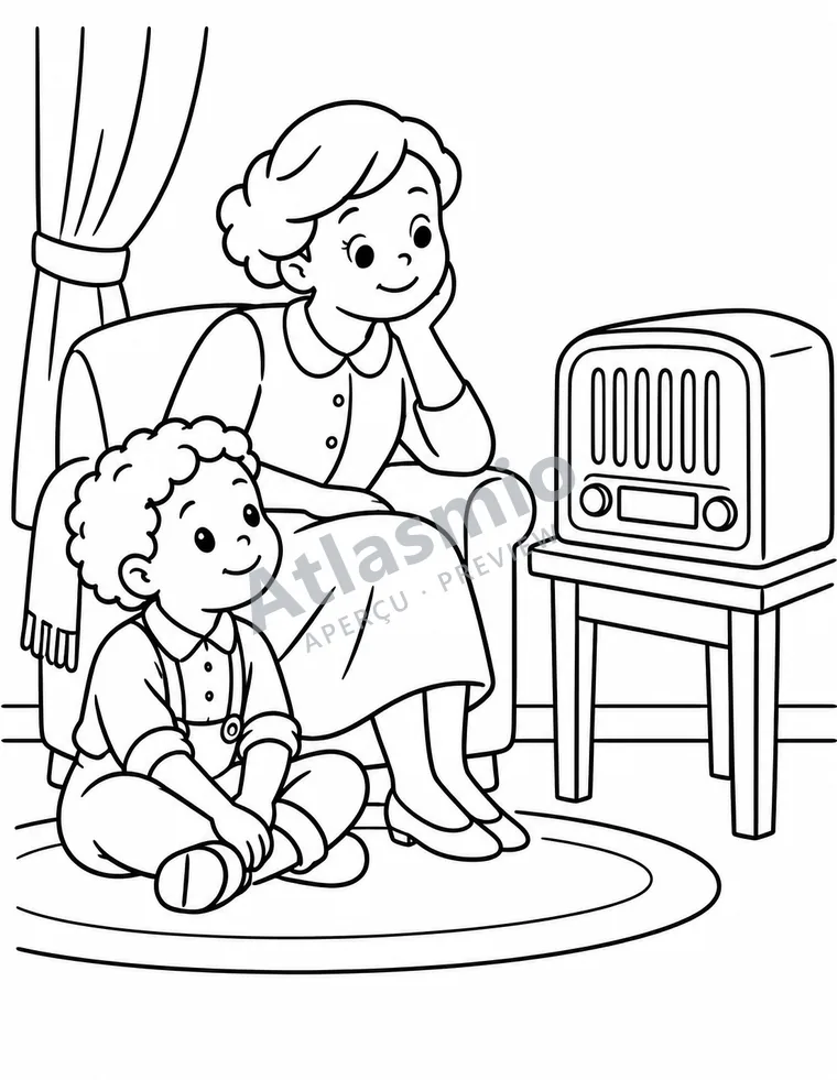 Colouring illustration: Listening to the radio