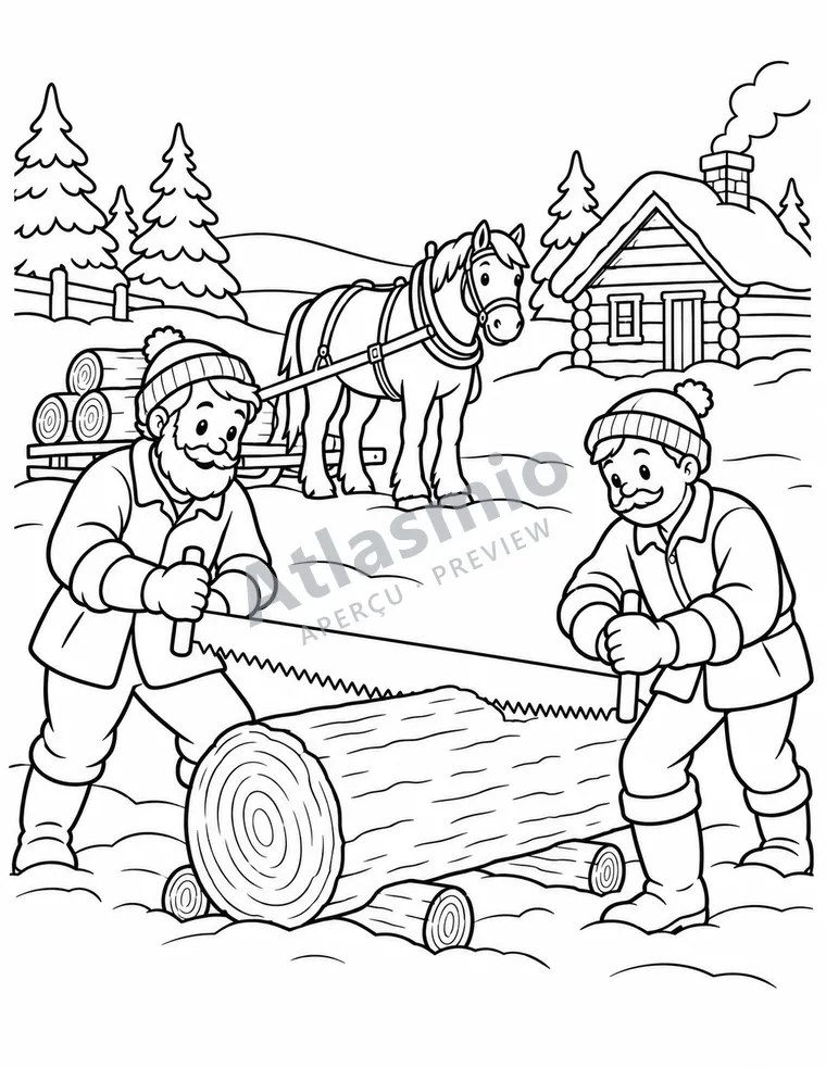 Illustration à colorier : Le chantier de bûcherons