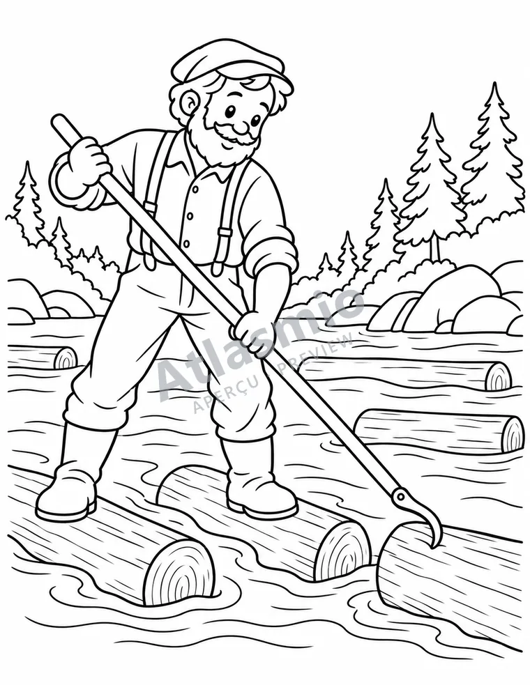 Colouring illustration: The log drive on the river