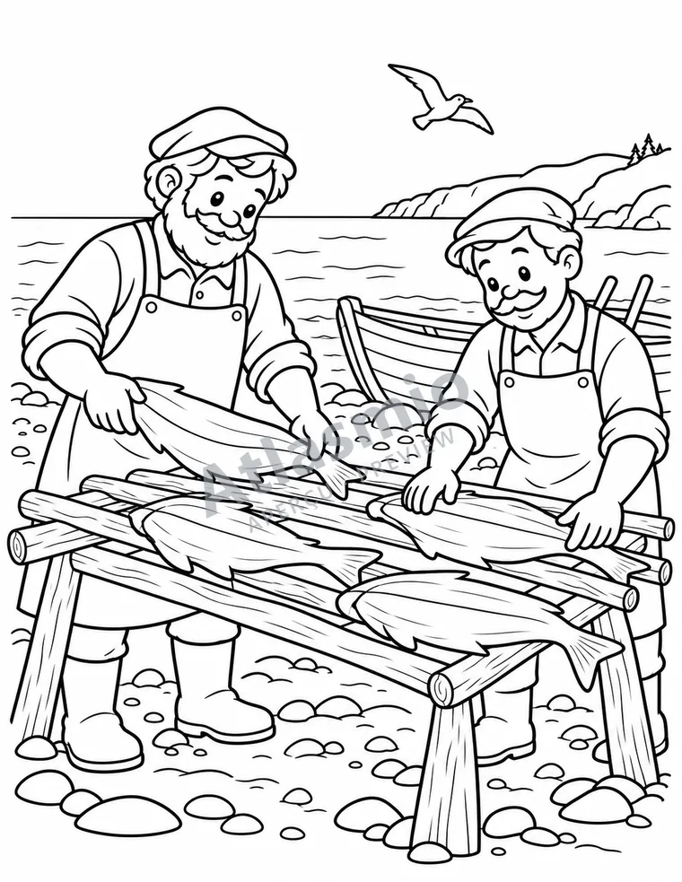 Colouring illustration: Cod drying in the sun