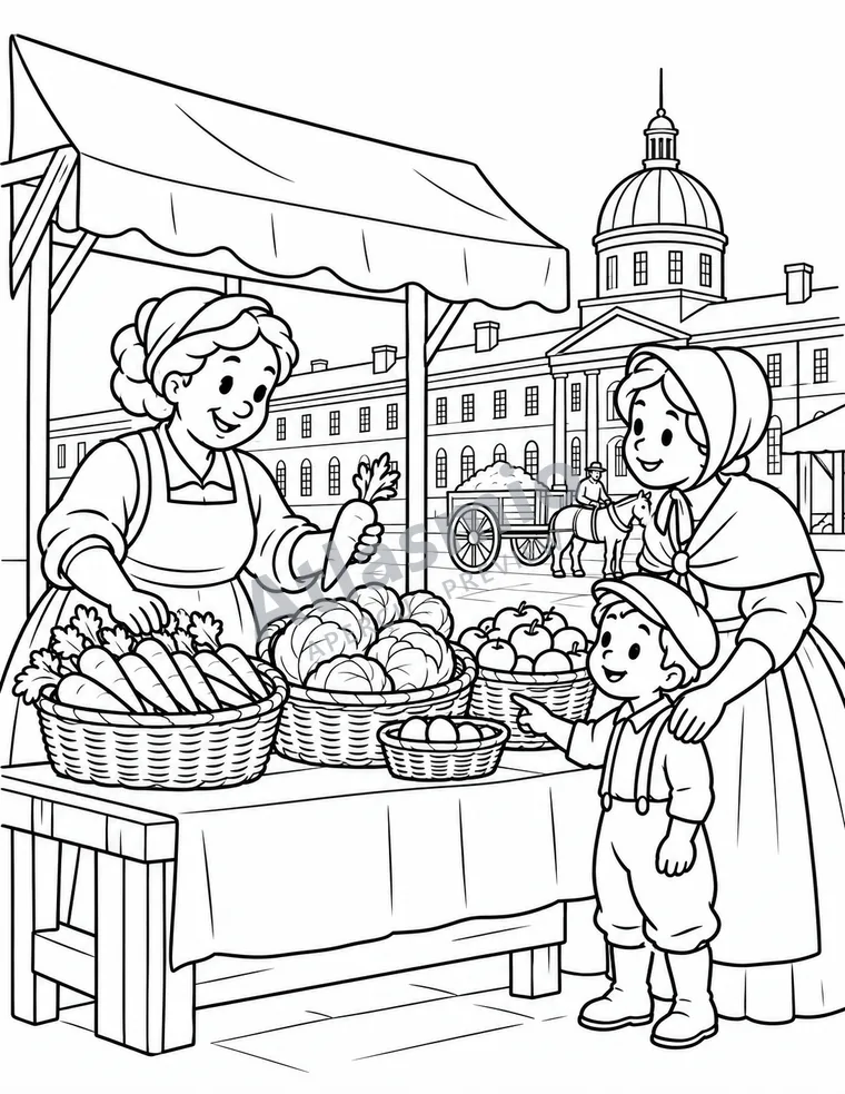 Illustration à colorier : Au marché public