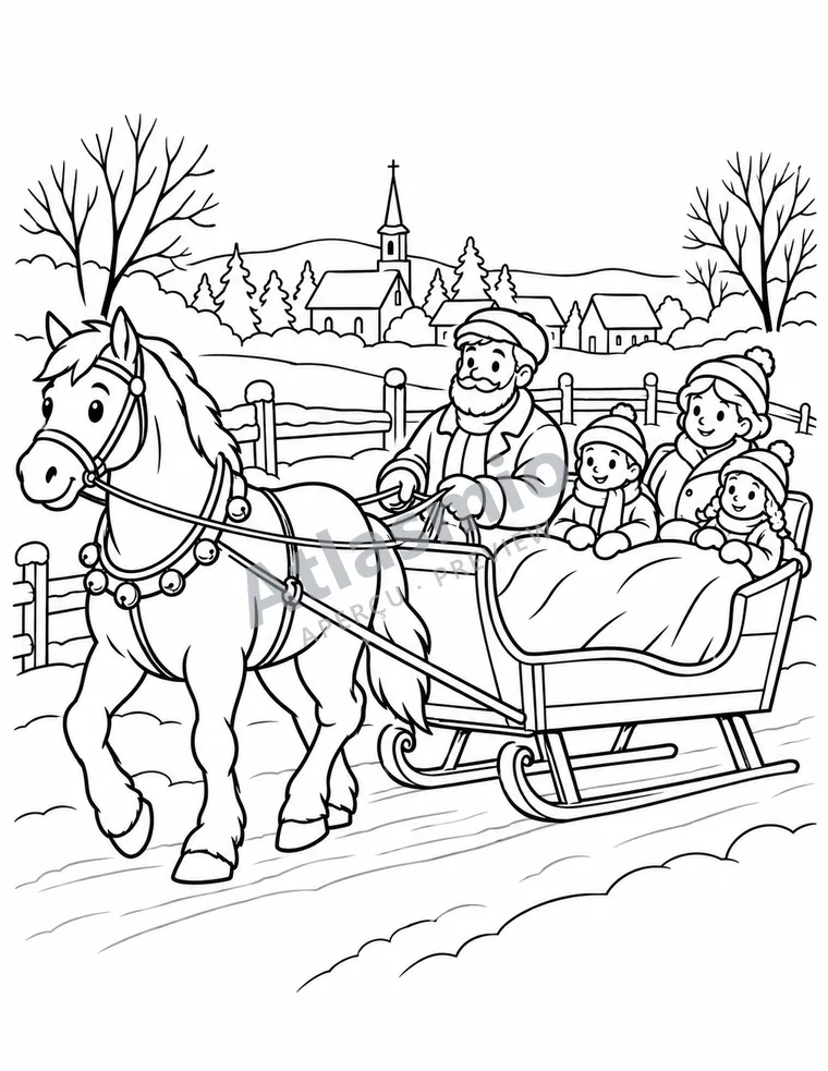 Colouring illustration: Sleigh ride on the snow
