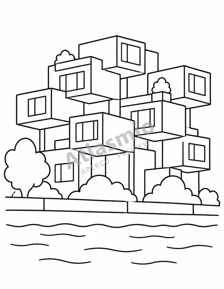 Colouring illustration: Homes made of blocks