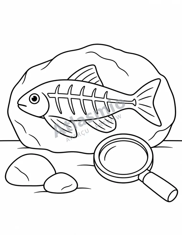 Colouring illustration: A fish preserved as a fossil